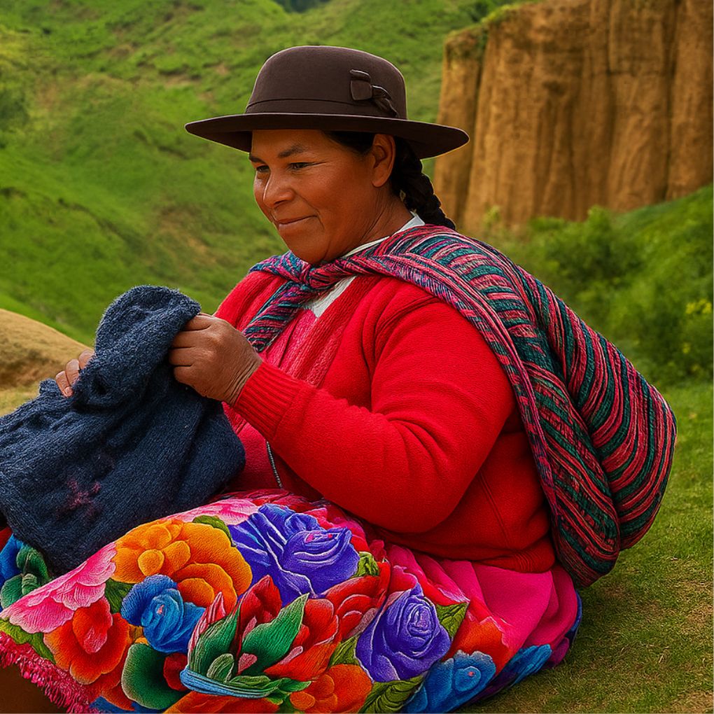 Artisan embroiderer hand-finishing alpaca textile product at Damazon CM – Peruvian wholesale manufacturer.